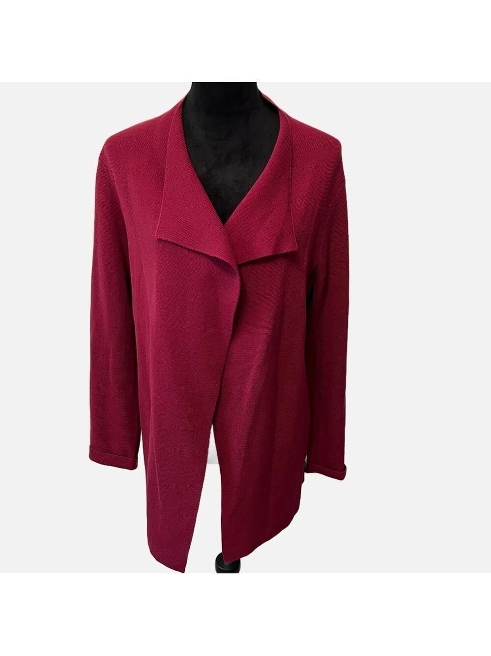 Eileen Fisher Women’s Open Cardigan Silk Cotton PL Cranberry Red Coastal Grandma